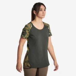 T-shirt Voor Dames 300 Katoen Camouflage Groen